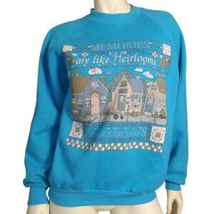 MEMORIES/PRECIOUS TREASURES Sweatshirt, L, Aqua Blue, Vintage Granny Top